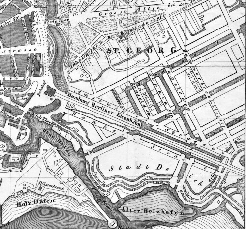 1853 Karte Hamburg Berliner Bahnhof Gleisanlagen GLP Straßenkarte