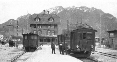 1905 Oberammergau Bahnhof LAG Triebwagen elektrifiziert Alpenpanorama Berge