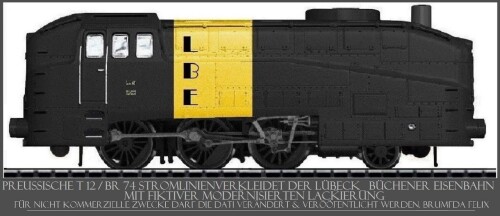 Preußische T 12 BR 74 LBE Lübeck Büchener Eisenbahn new look stromlinienverkleidet Art Deco Dampflok