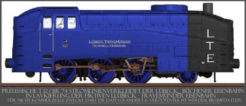Preußische T 12 BR 74 LBE Lübeck Büchener Eisenbahn new look stromlinienverkleidet Art Deco Dampflok