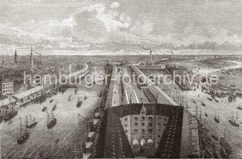 1875 Kaiserspeicher Elbphilharmonie. Ab 1883 Zwangsumsiedling links für Speicherstadt. hinten rechts